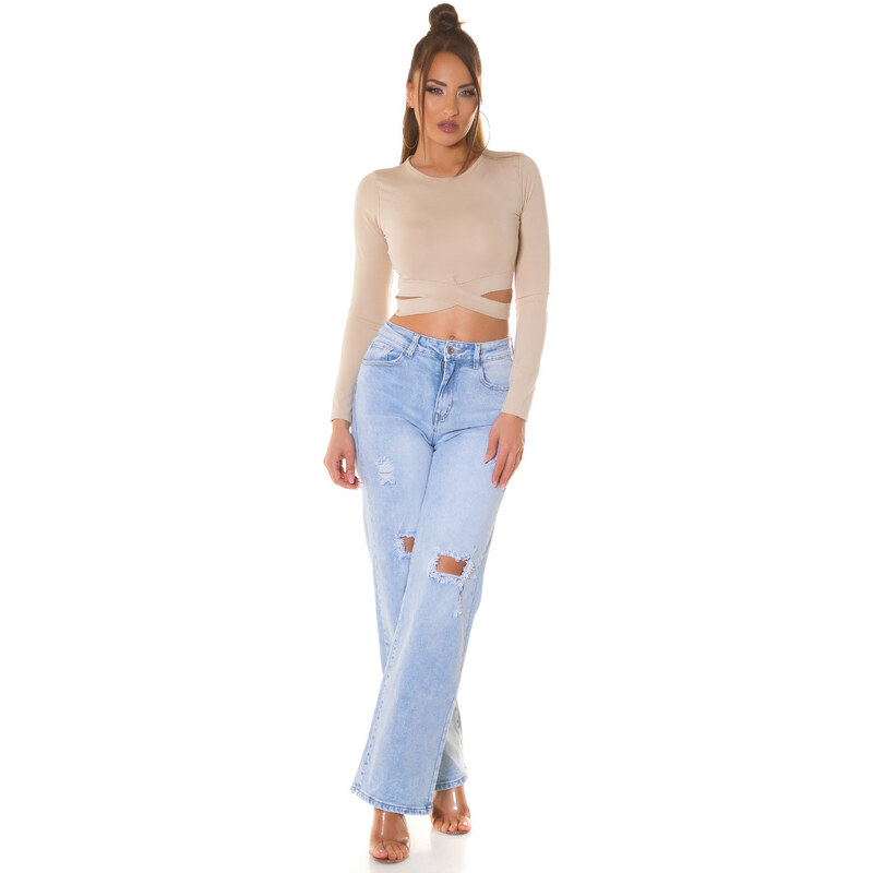 Style fashion Sexy top Koucla Crop Top s výřezy a dlouhými rukávy