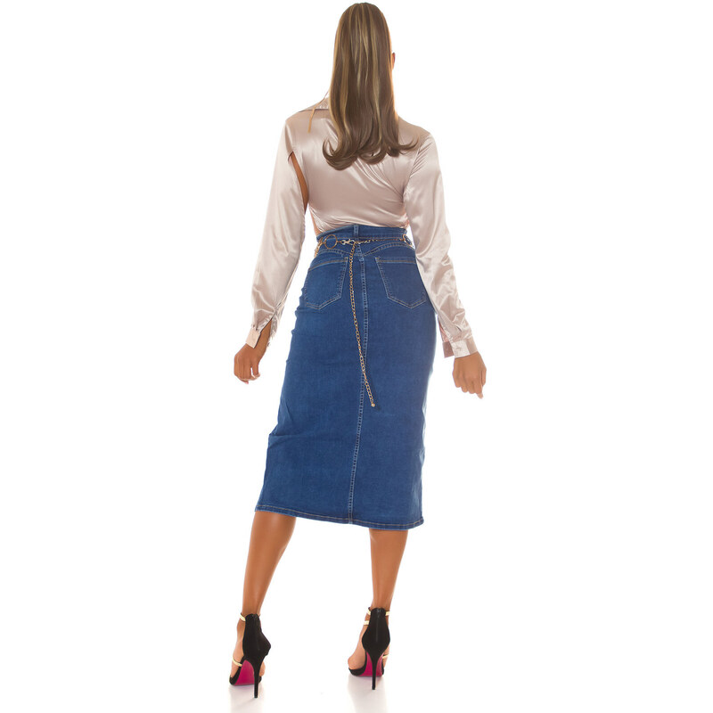Style fashion Sexy džínová midi sukně s vysokým pasem a rozparkem
