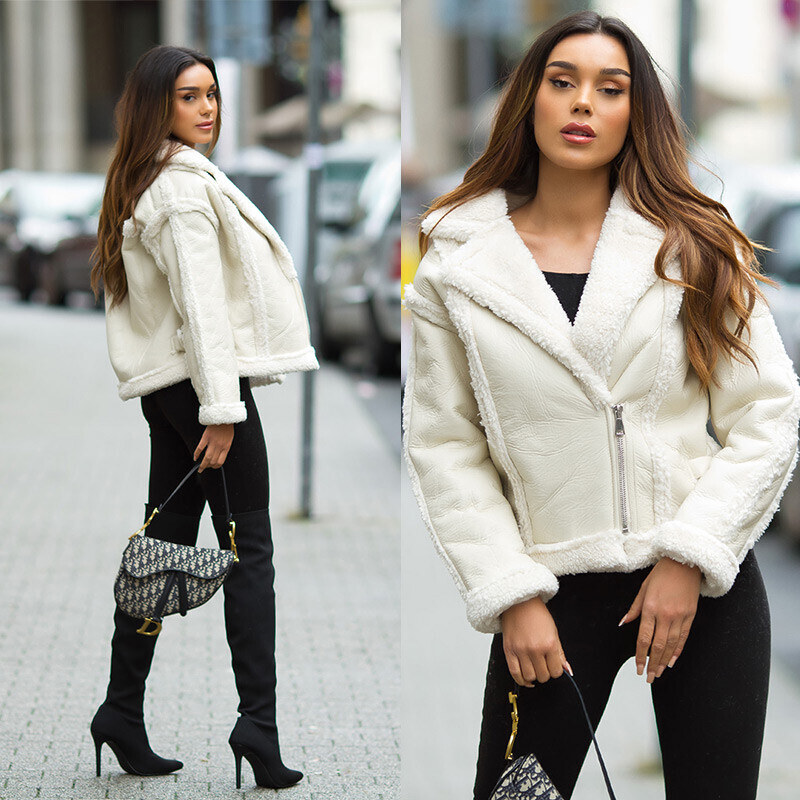 Style fashion Sexy bunda v koženém vzhledu s umělou kožešinou