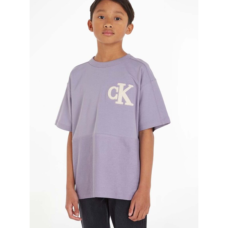 Dětské bavlněné tričko Calvin Klein Jeans fialová barva, s aplikací