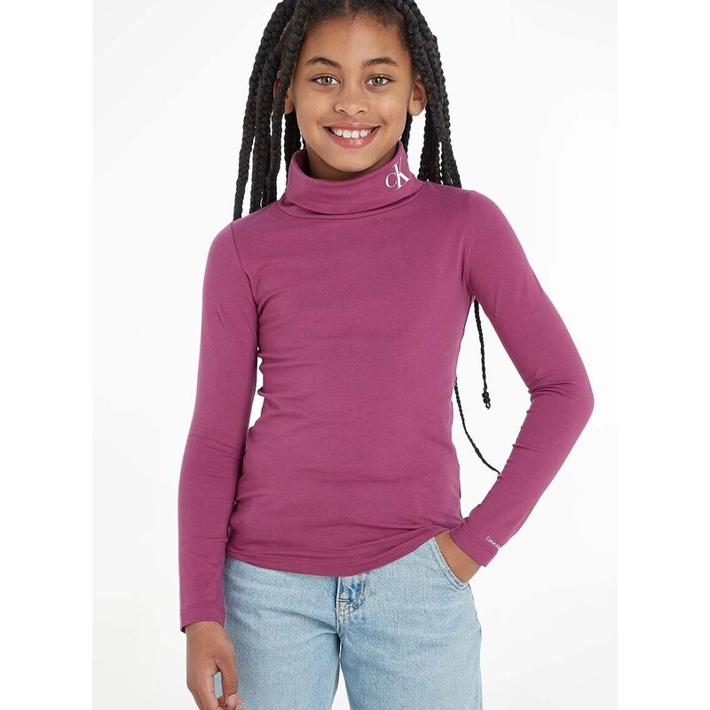 Dětské tričko s dlouhým rukávem Calvin Klein Jeans fialová barva, s golfem