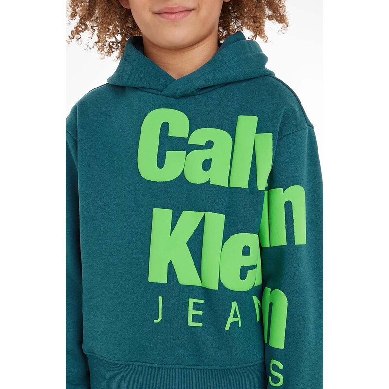 Dětská mikina Calvin Klein Jeans zelená barva, s kapucí, s potiskem