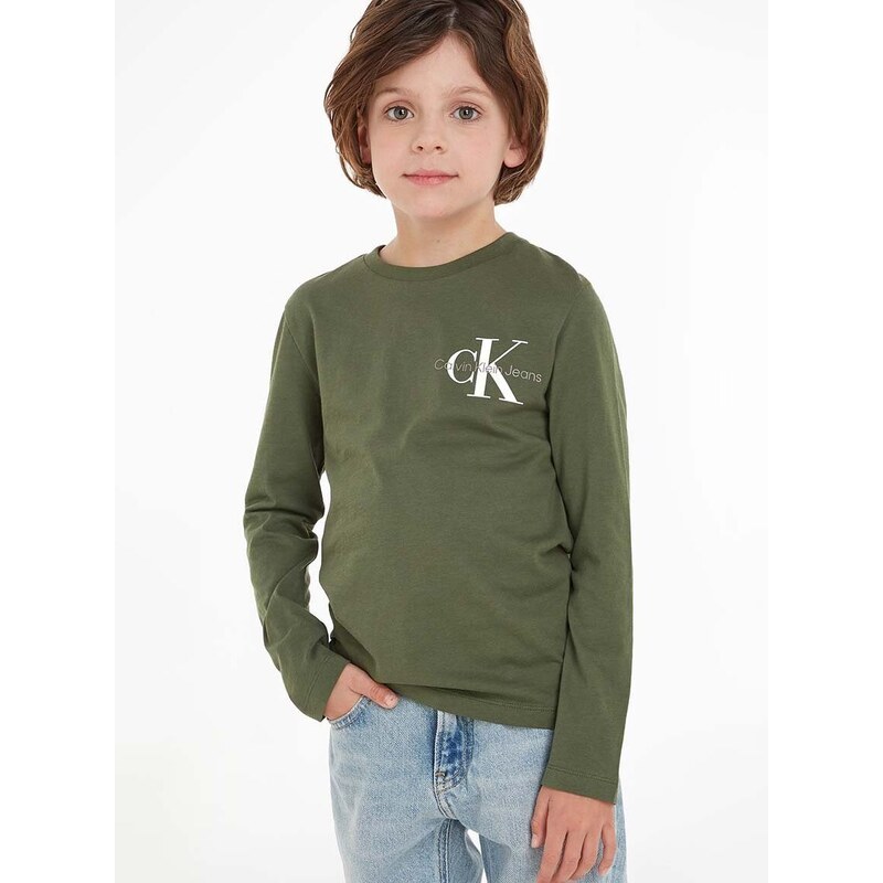Dětská bavlněná košile s dlouhým rukávem Calvin Klein Jeans zelená barva, s potiskem