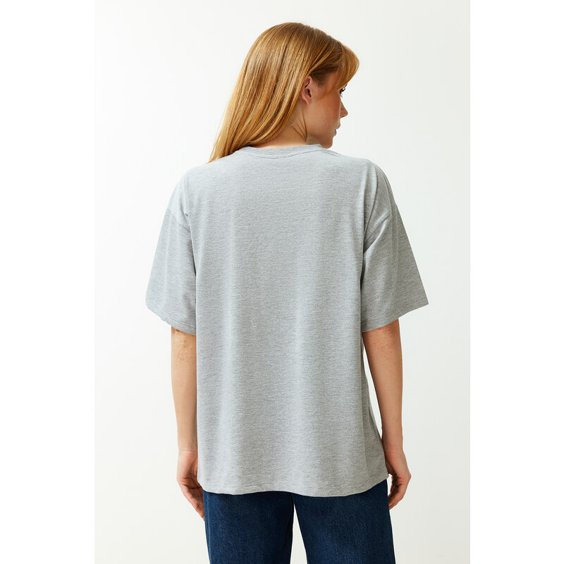 Trendyol Gray 100% Cotton Crew Neck Printed Boyfriend/Casual Cut Knitted T-Shirt