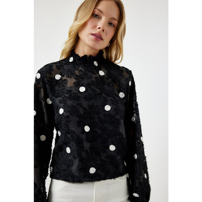 Happiness İstanbul Women's Black Marked Polka Dot Woven Blouse