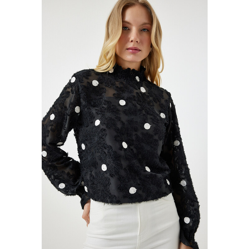 Happiness İstanbul Women's Black Marked Polka Dot Woven Blouse