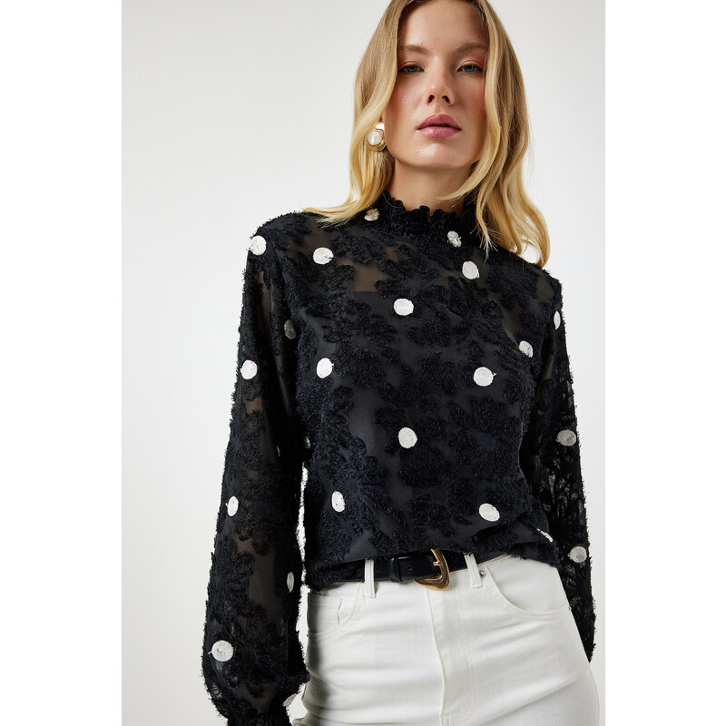 Happiness İstanbul Women's Black Marked Polka Dot Woven Blouse