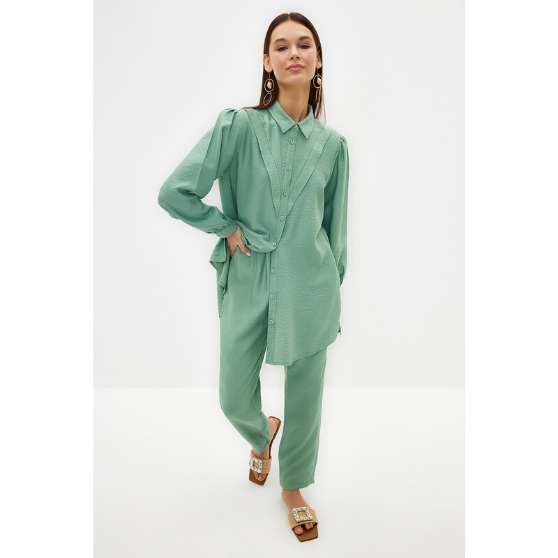 Trendyol Green Linen Look Shirt-Pants Woven Suit