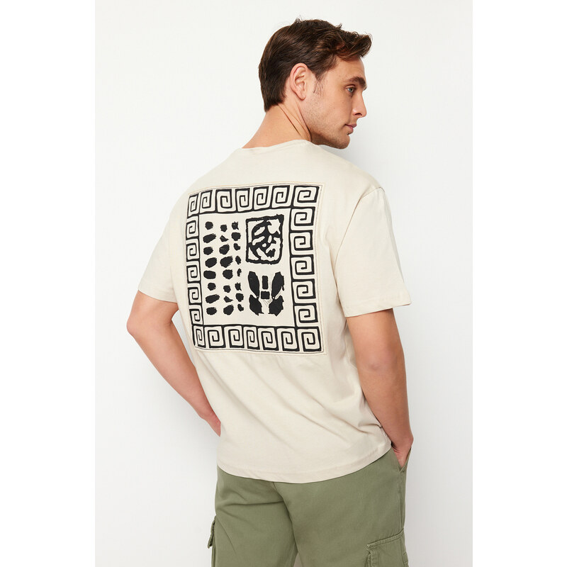 Trendyol Stone Relaxed/Comfortable Cut Back Patch Detailed Printed 100% Cotton T-shirt