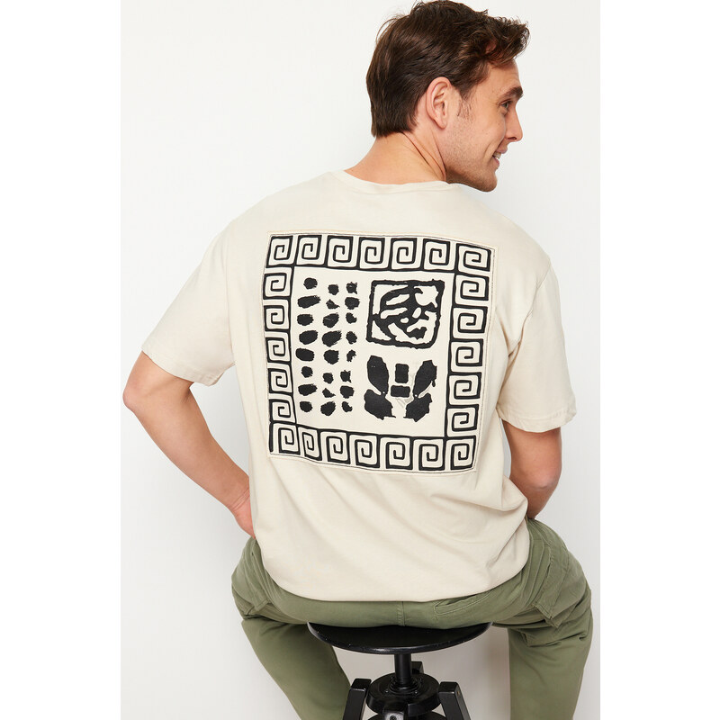 Trendyol Stone Relaxed/Comfortable Cut Back Patch Detailed Printed 100% Cotton T-shirt