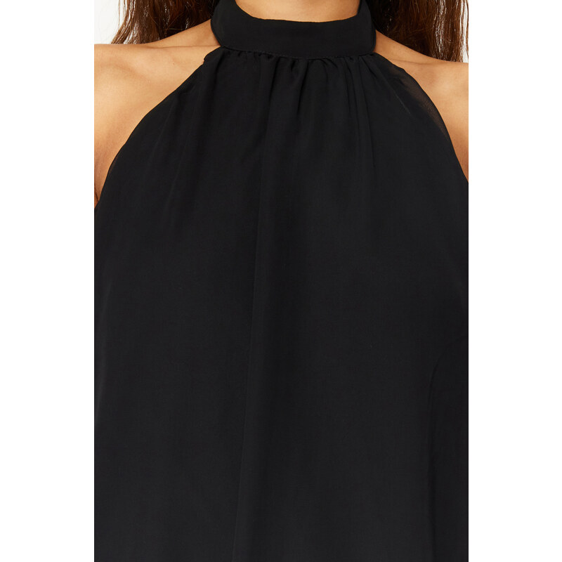 Trendyol Black Pleated Chiffon Elegant Evening Dress