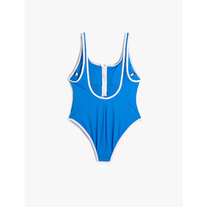 Koton Swimming Swimsuit U Neck Covered Front Zipper Piping Detailed