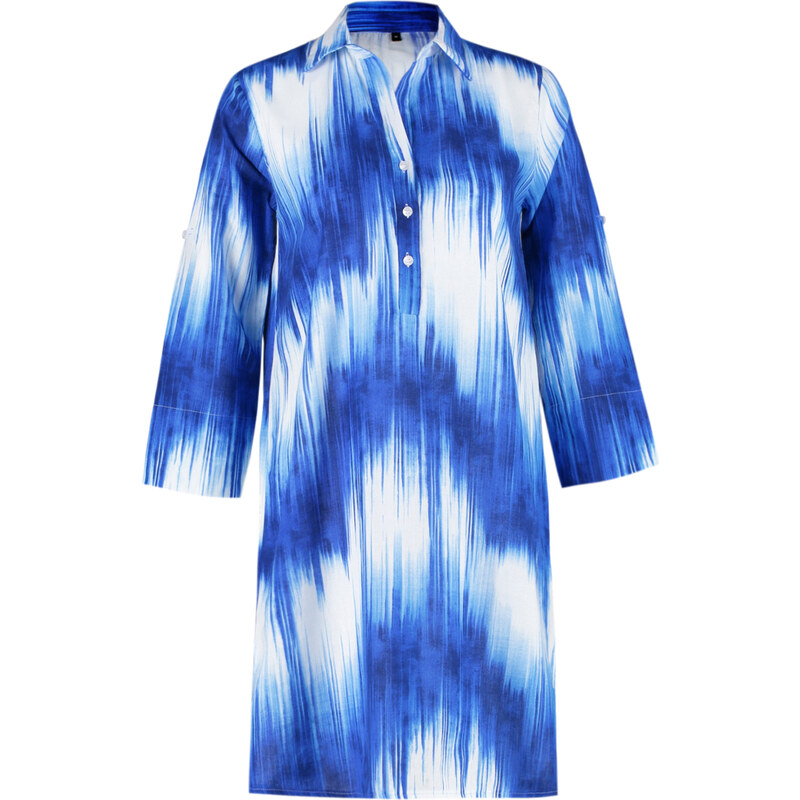 Trendyol Blue Abstract Patterned Belted Midi Woven 100% Cotton Beach Dress with Ribbon Accessories
