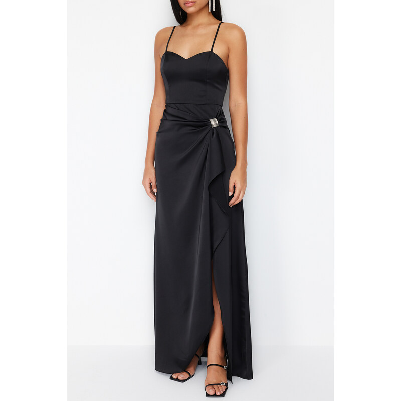 Trendyol Black Satin Woven Long Evening Dress with Shiny Stone Accessories