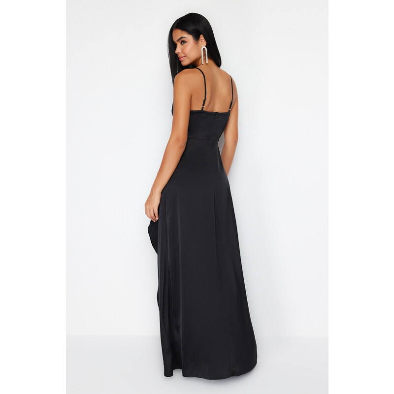 Trendyol Black Satin Woven Long Evening Dress with Shiny Stone Accessories