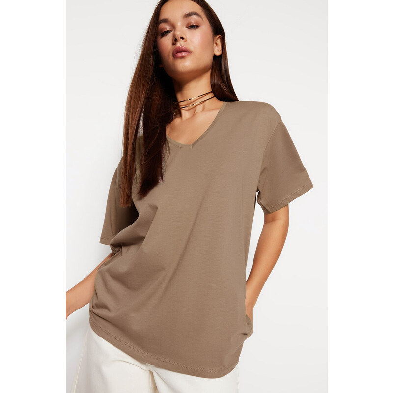 Trendyol Mink 100% Cotton Oversize/Wide Fit V-Neck Knitted T-Shirt