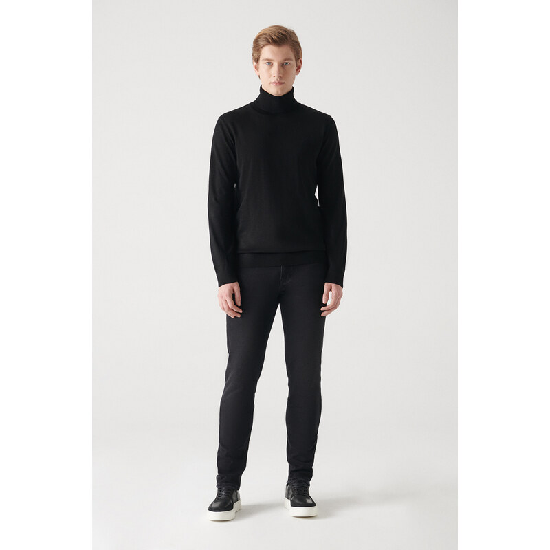 Avva Men's Black Full Turtleneck Wool Blended Regular Fit Knitwear Sweater