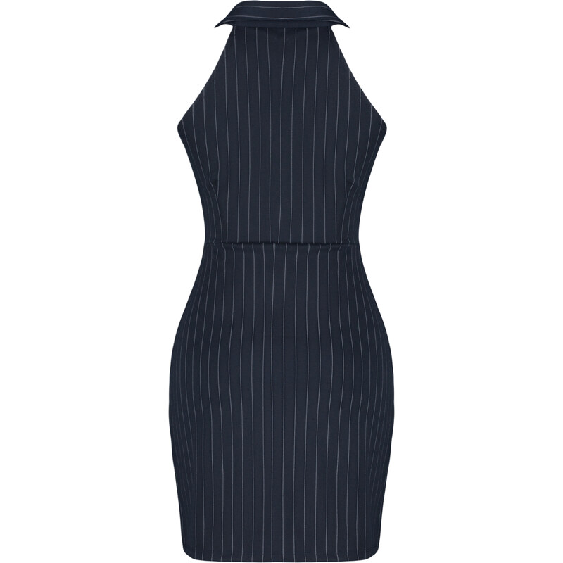 Trendyol Navy Blue Striped Bodycone/Crap Polo Neck Mini Knitted Midi Dress