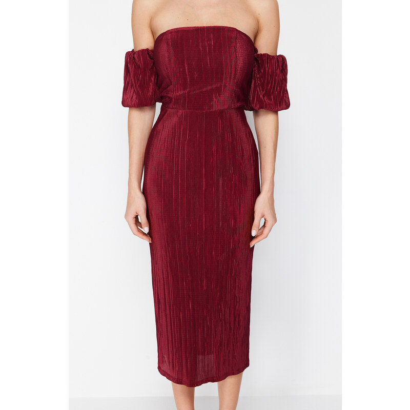 Trendyol Burgundy Sleeve Detailed Pleated Knitted Elegant Evening Dress