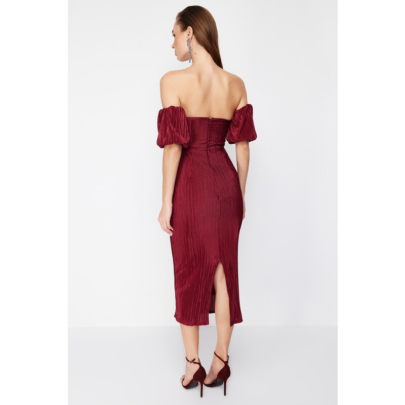 Trendyol Burgundy Sleeve Detailed Pleated Knitted Elegant Evening Dress