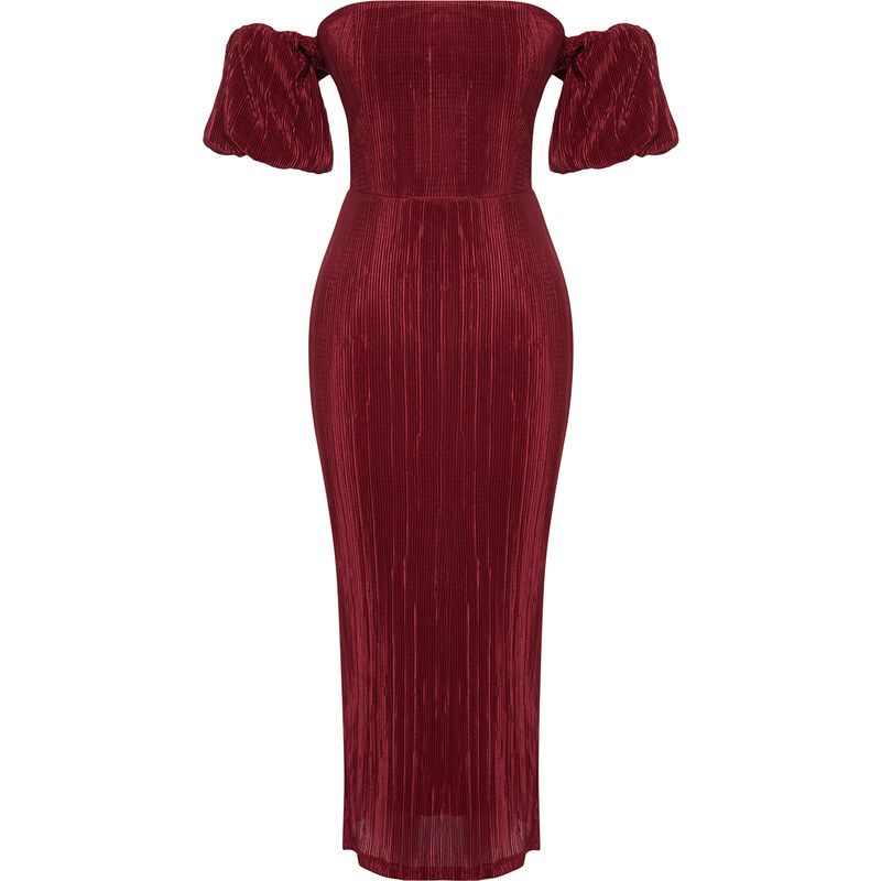 Trendyol Burgundy Sleeve Detailed Pleated Knitted Elegant Evening Dress