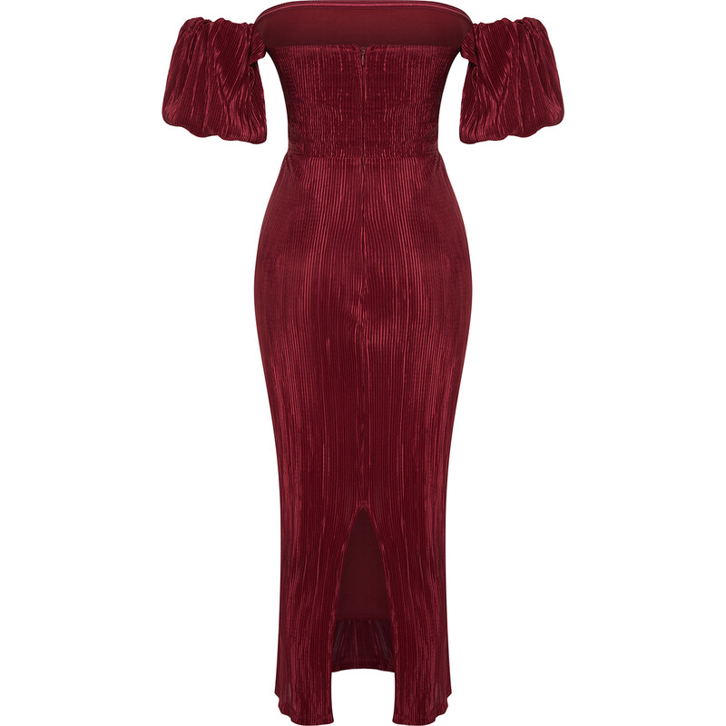 Trendyol Burgundy Sleeve Detailed Pleated Knitted Elegant Evening Dress