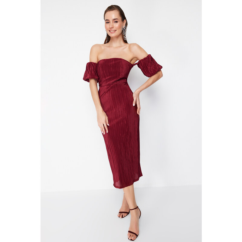 Trendyol Burgundy Sleeve Detailed Pleated Knitted Elegant Evening Dress