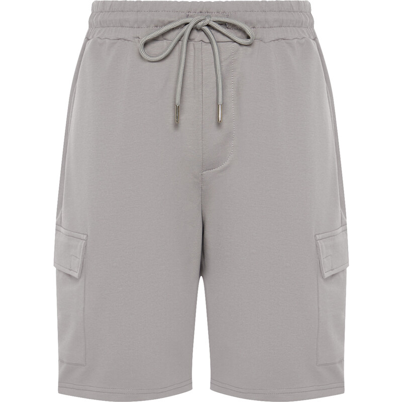 Trendyol Gray Oversize/Wide-Fit Concealed Cord Elastic Waist Cargo Pocket Tag Shorts