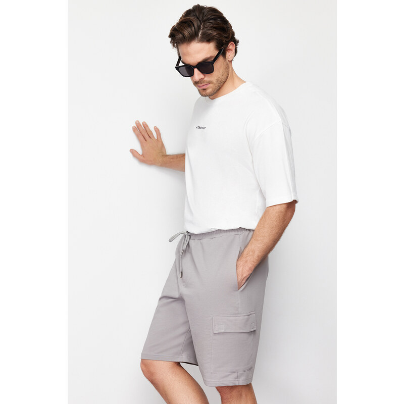 Trendyol Gray Oversize/Wide-Fit Concealed Cord Elastic Waist Cargo Pocket Tag Shorts