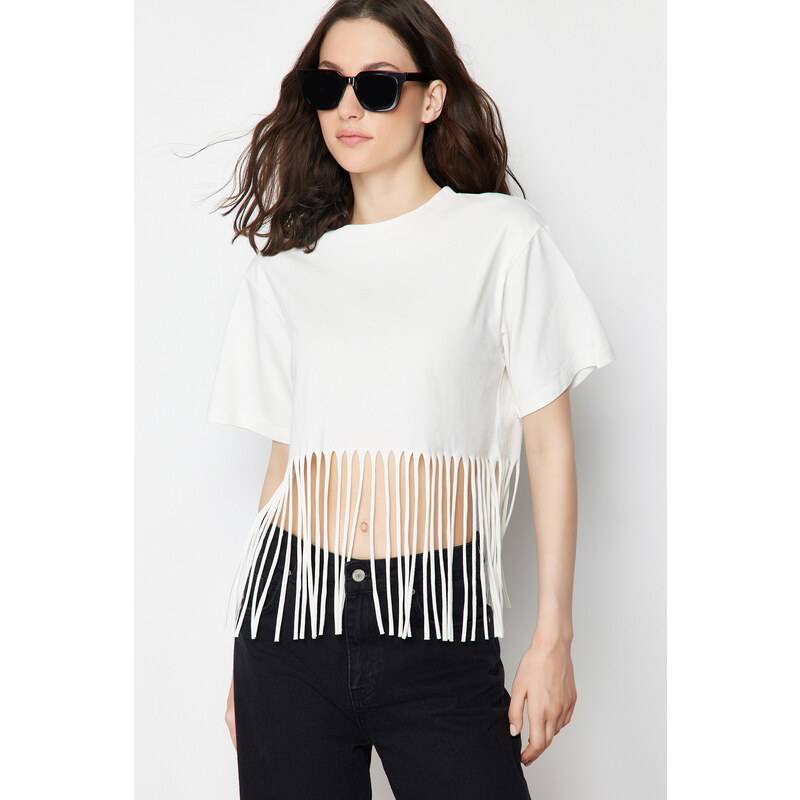 Trendyol Ecru 100% Cotton Tassel Detailed Knitted T-Shirt