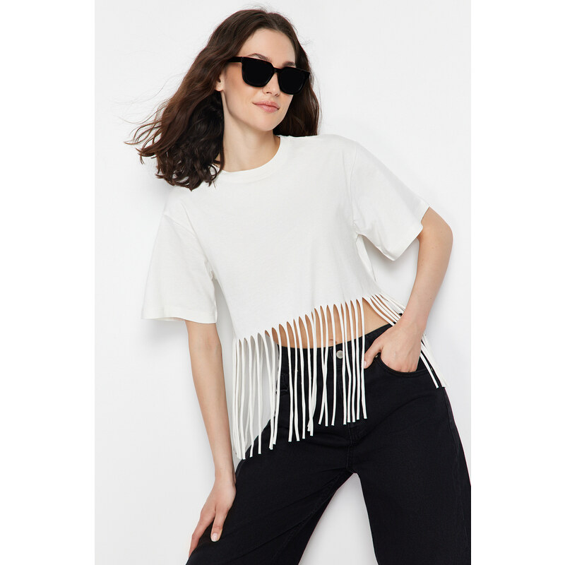 Trendyol Ecru 100% Cotton Tassel Detailed Knitted T-Shirt