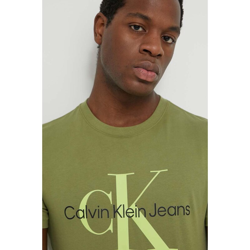 Bavlněné tričko Calvin Klein Jeans zelená barva, s potiskem