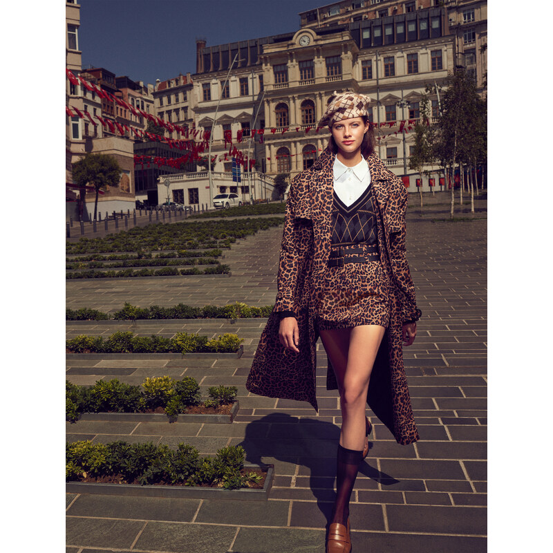 Koton Leopard Patterned Trench Coat Belt Detailed