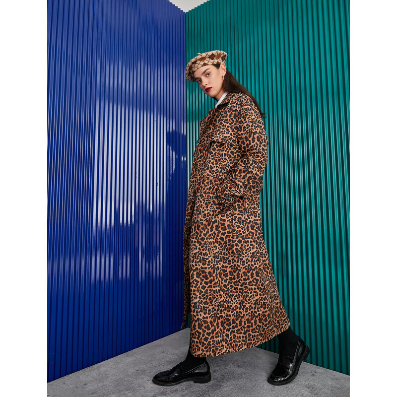 Koton Leopard Patterned Trench Coat Belt Detailed