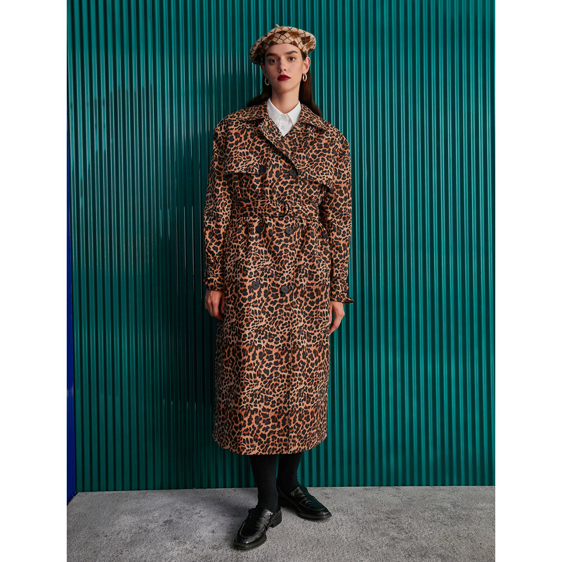 Koton Leopard Patterned Trench Coat Belt Detailed