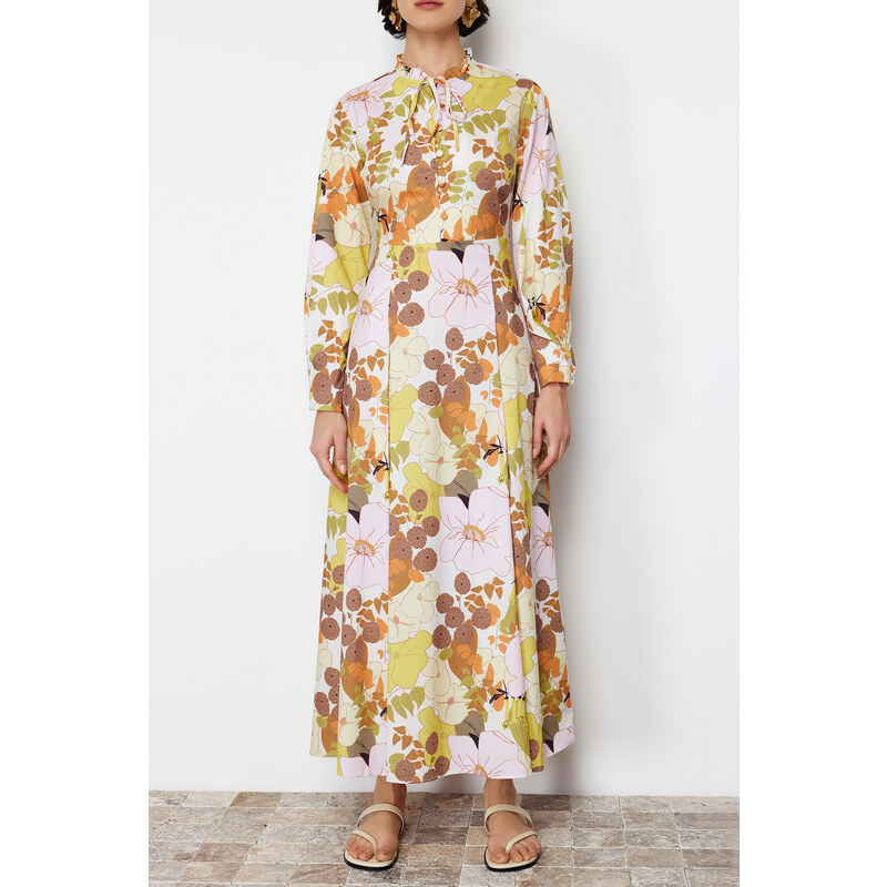 Trendyol Yellow Floral Patterned Cotton Woven Dress with Flared Skirt