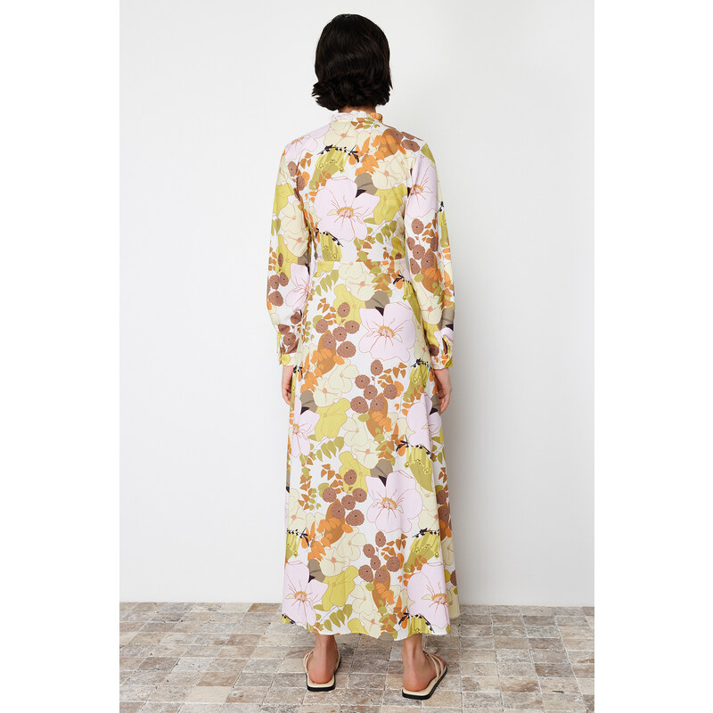 Trendyol Yellow Floral Patterned Cotton Woven Dress with Flared Skirt