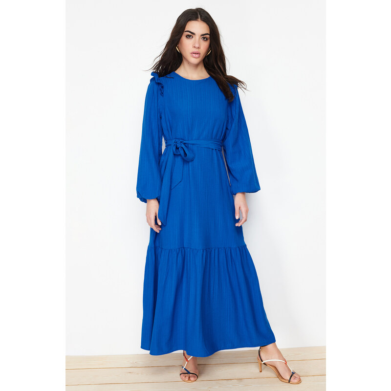 Trendyol Blue Belted Shoulder Ruffled Skirt Flounced Lined Viscose Mixed Woven Dress