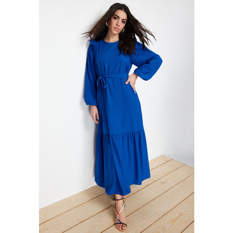 Trendyol Blue Belted Shoulder Ruffled Skirt Flounced Lined Viscose Mixed Woven Dress