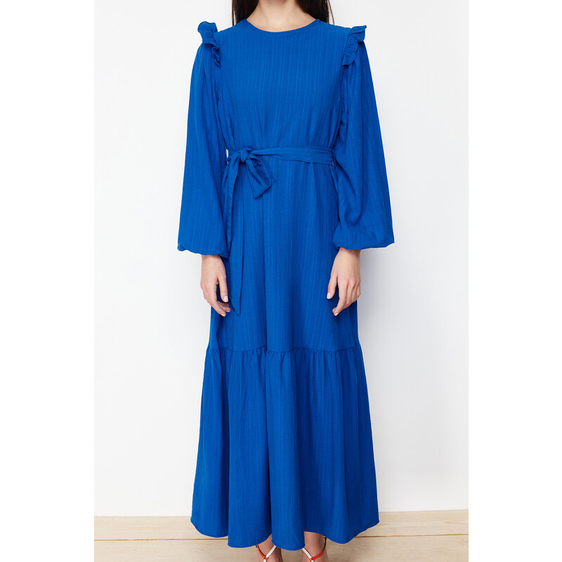 Trendyol Blue Belted Shoulder Ruffled Skirt Flounced Lined Viscose Mixed Woven Dress