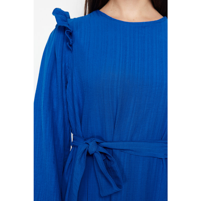 Trendyol Blue Belted Shoulder Ruffled Skirt Flounced Lined Viscose Mixed Woven Dress