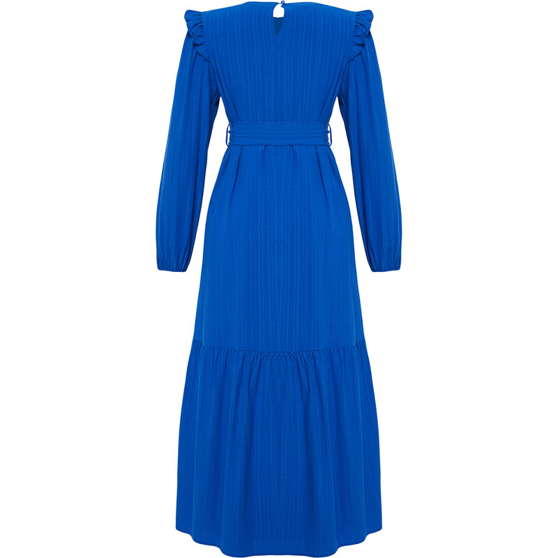 Trendyol Blue Belted Shoulder Ruffled Skirt Flounced Lined Viscose Mixed Woven Dress