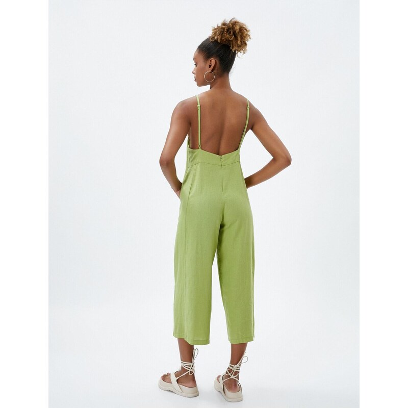 Koton Wide Leg Jumpsuit with Straps Square Collar, Pockets Linen Blend.