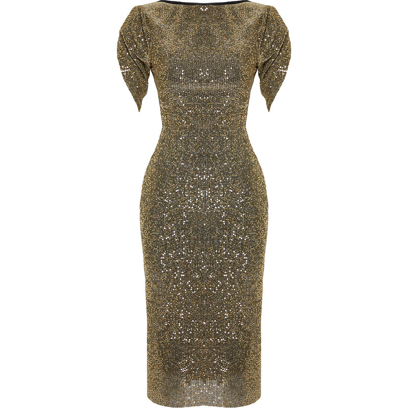 Trendyol Gold Body-Sitting Sparkling Sequin Elegant Evening Dress