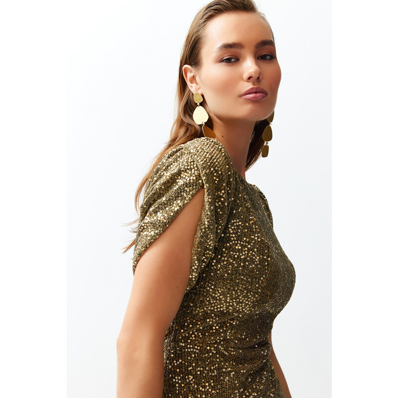 Trendyol Gold Body-Sitting Sparkling Sequin Elegant Evening Dress