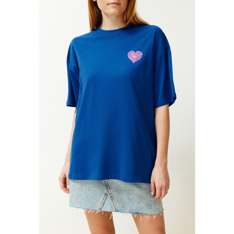 Trendyol Saxe 100% Cotton Front and Back Embossed Printed Oversize/Wide Fit Knitted T-Shirt