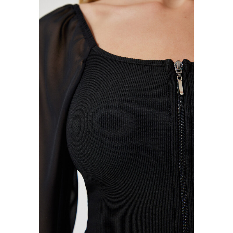 Happiness İstanbul Women's Black Chiffon Honey Sleeve Zippered Crop Blouse