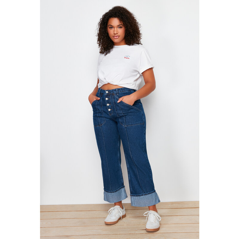 Trendyol Curve Dark Blue Curl Detail Straight Fit Jeans