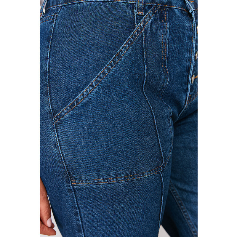 Trendyol Curve Dark Blue Curl Detail Straight Fit Jeans