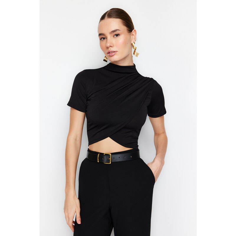 Trendyol Black High Neck Short Sleeve Draped Crop Blouse Knitted Blouse